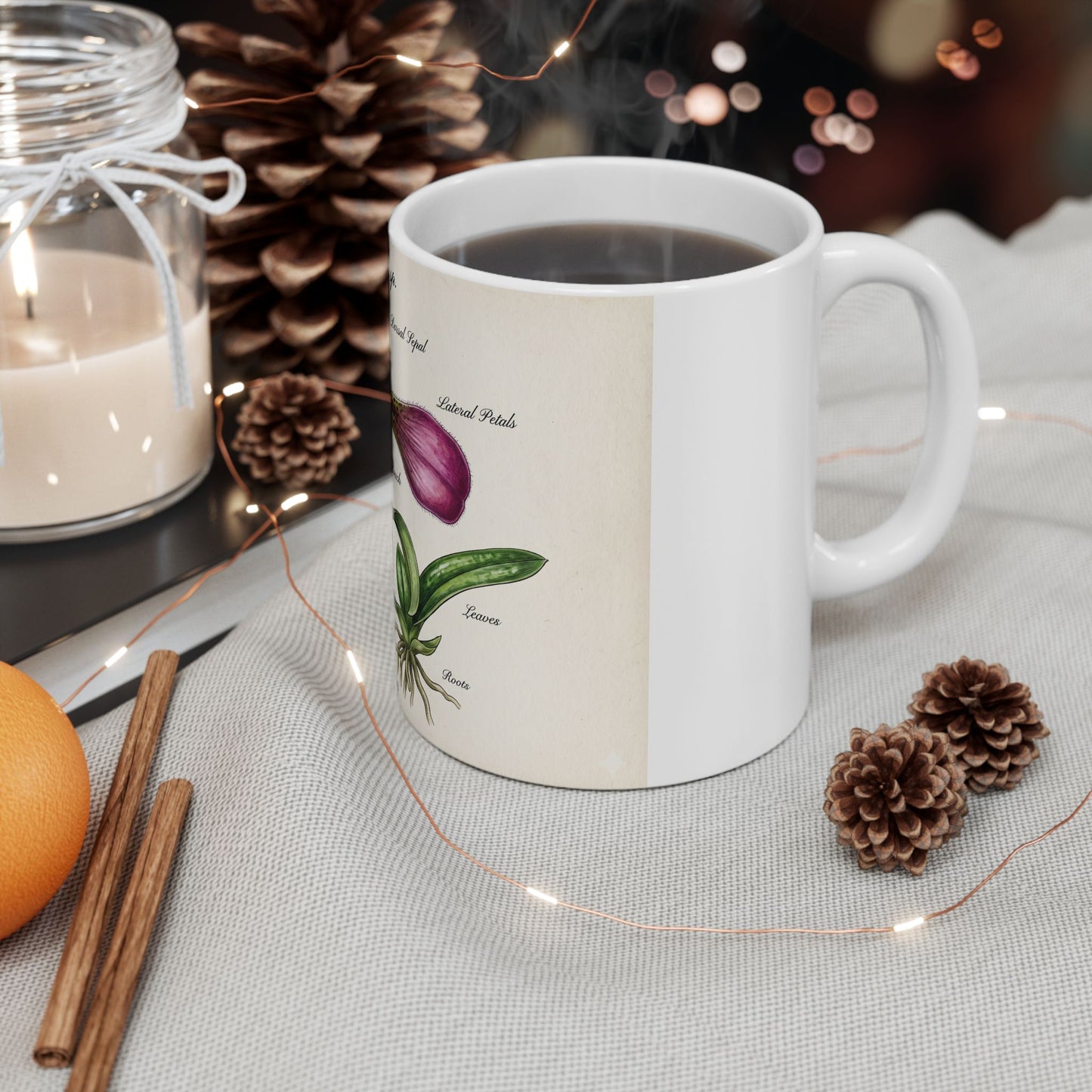 Botanical Orchid Diagram Mug — Vintage Paphiopedilum Illustration Ceramic Coffee Cup (11oz/15oz)