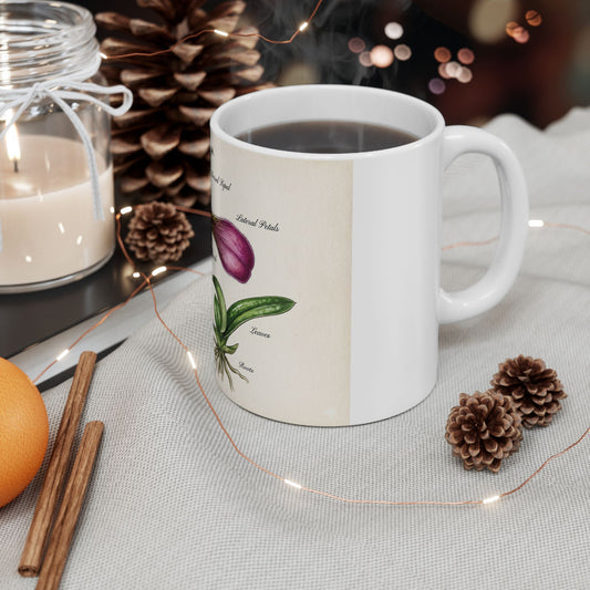 Botanical Orchid Diagram Mug — Vintage Paphiopedilum Illustration Ceramic Coffee Cup (11oz/15oz)