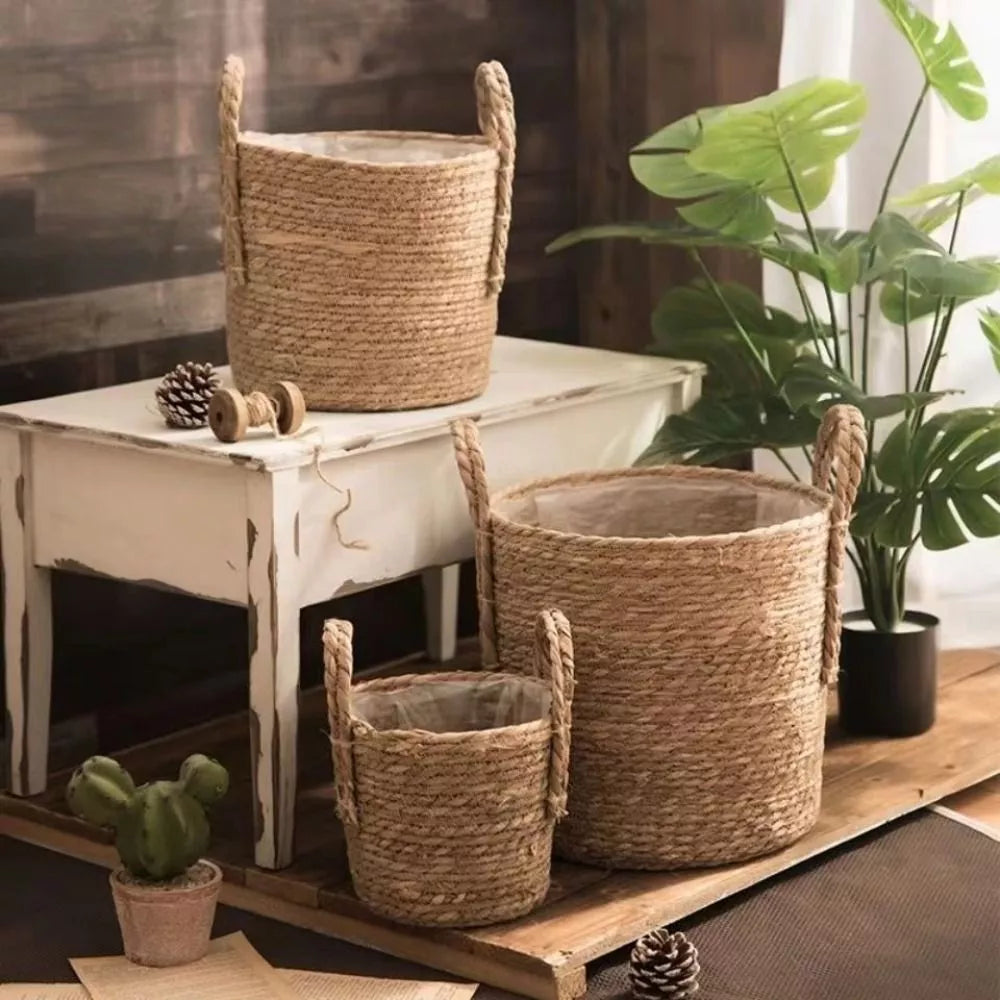 Handmade Round Rattan Planter Basket | Woven Flower Pot Cover for Indoor & Outdoor Decor