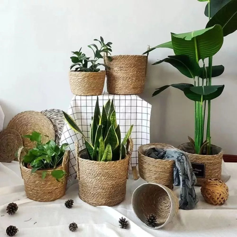 Panier rond en rotin fait main | Cache-pot tissé pour décoration intérieure et extérieure
