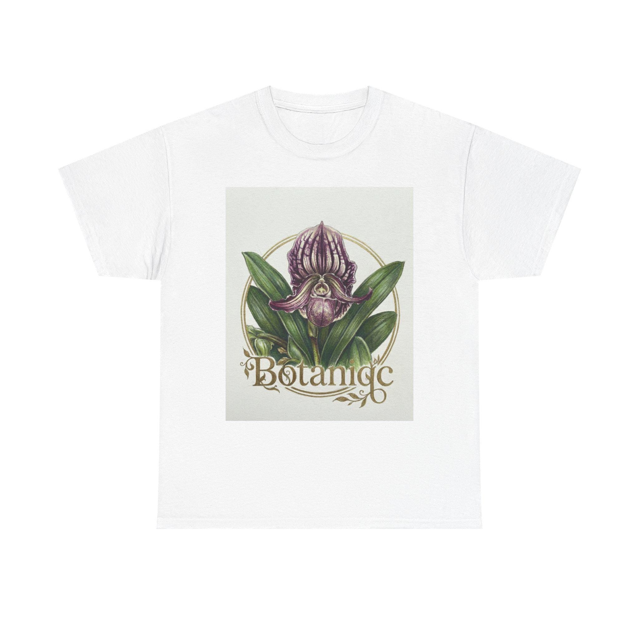 Botanic Orchid Tee  Vintage Floral Illustration T-Shirt Lady slipper orchid Paphiopedilum fairrieanum