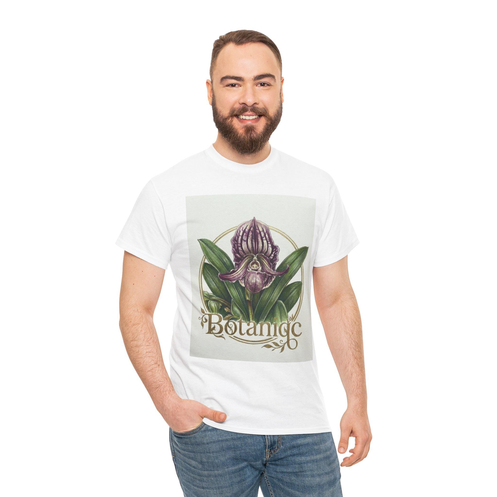 Botanic Orchid Tee  Vintage Floral Illustration T-Shirt Lady slipper orchid Paphiopedilum fairrieanum