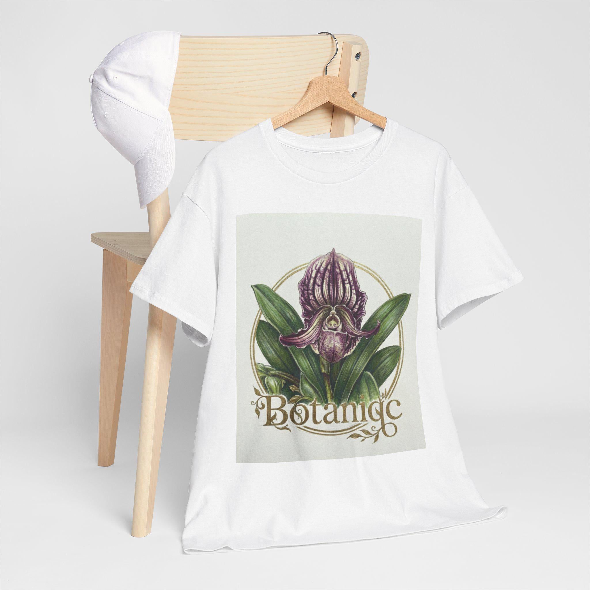 Botanic Orchid Tee  Vintage Floral Illustration T-Shirt Lady slipper orchid Paphiopedilum fairrieanum