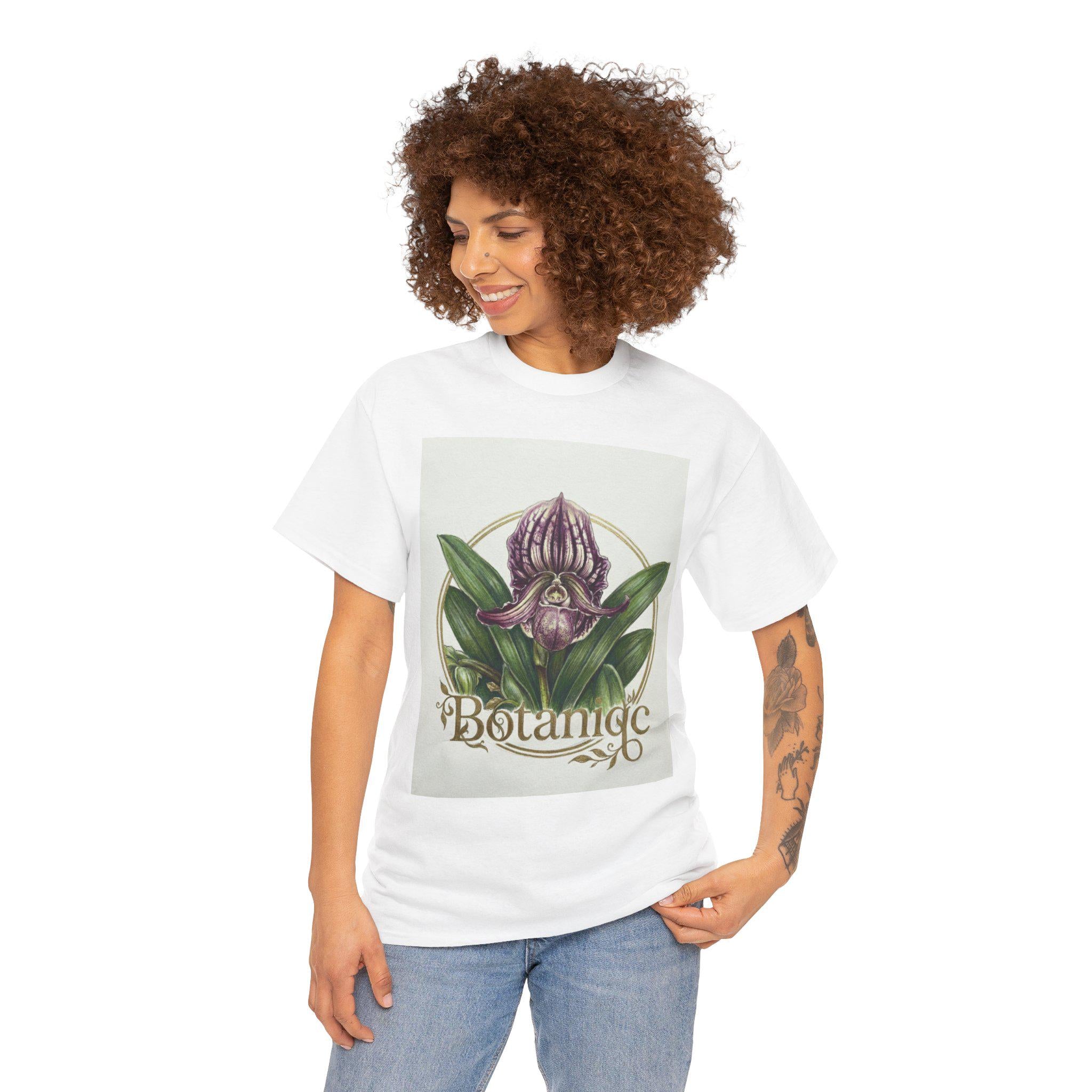 Botanic Orchid Tee  Vintage Floral Illustration T-Shirt Lady slipper orchid Paphiopedilum fairrieanum
