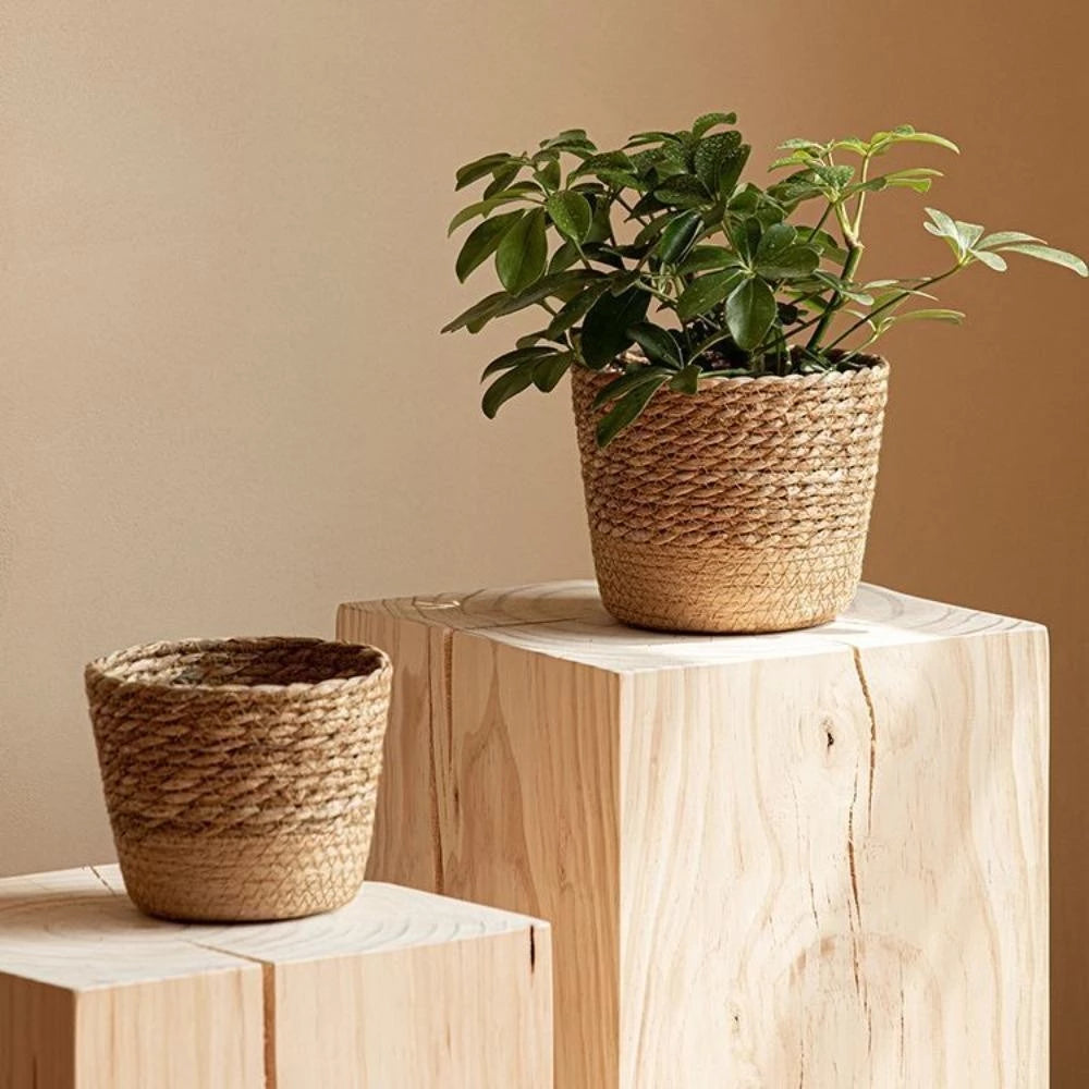 Handmade Round Rattan Planter Basket | Woven Flower Pot Cover for Indoor & Outdoor Decor